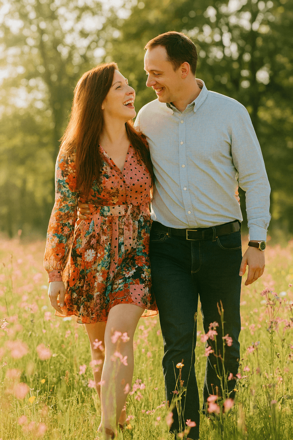 Happy couple in a field of wildflowers
